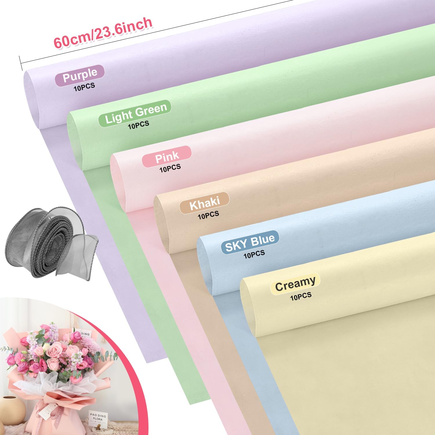 VinTS 48 Sheets 23.6x23.6in Cotton Wrapping Flower Lining Paper for Bouquet | Korean Style Of Waterproof Floral Bouquet Lining Paper,Floral Wrapping Paper for Valentines Bouquets,6 Colors - Image 3